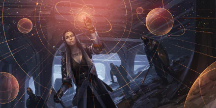 A high-definition wallpaper of a fantasy scene featuring a tattooed woman warrior performing magic, set in a mystical environment with planets and warriors in the background.