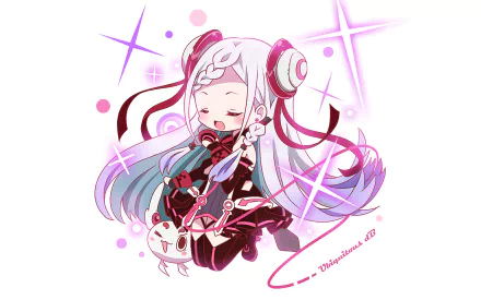 Anime HD PC desktop wallpaper featuring a chibi character from Sword Art Online Movie: Ordinal Scale with pink and purple sparkles and futuristic design elements.