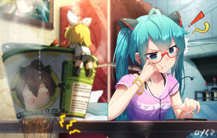 Anime HD wallpaper featuring Vocaloid characters Rin Kagamine and Hatsune Miku. Miku is seen wearing glasses, while Rin is climbing a cup of noodles. Bright and playful scene.