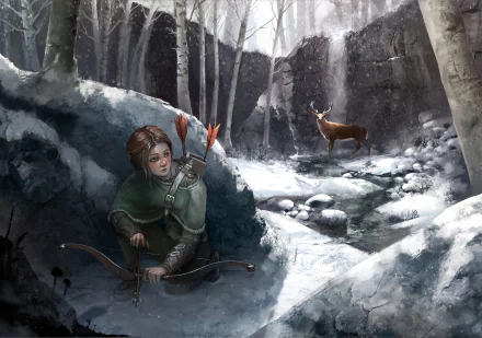 waterfall deer winter forest fantasy archer fantasy winter HD Desktop Wallpaper | Background Image