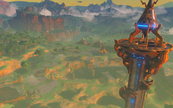 A towering structure from The Legend of Zelda: Breath of the Wild, captured in vibrant 4K Ultra HD, overlooking a vast, lush landscape in this video game desktop wallpaper.