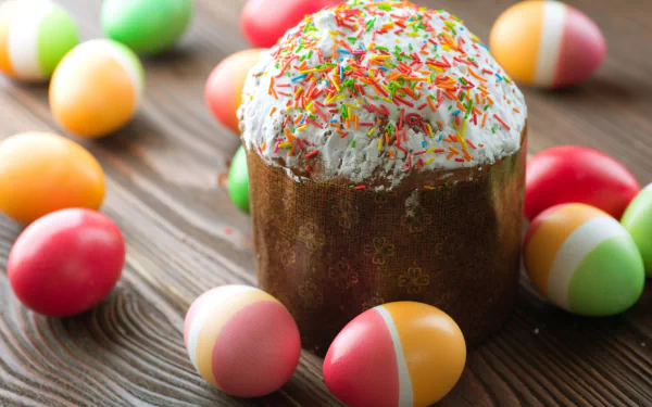 HD desktop wallpaper featuring a festive Easter scene with a sprinkled cake surrounded by colorful Easter eggs on a wooden surface.