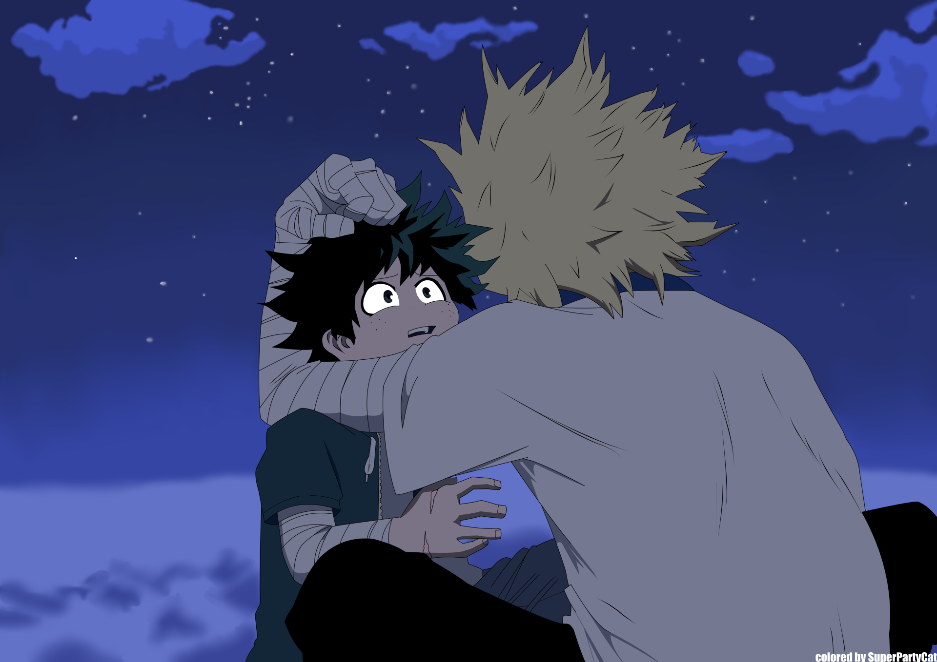 A dynamic scene from My Hero Academia features two characters in a dramatic moment under a starry sky, designed as a 4K Ultra HD PC desktop wallpaper.
