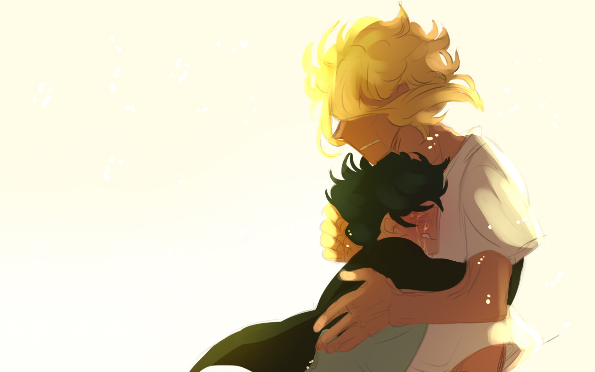 HD anime desktop wallpaper featuring characters from My Hero Academia embracing with warm, glowing light.