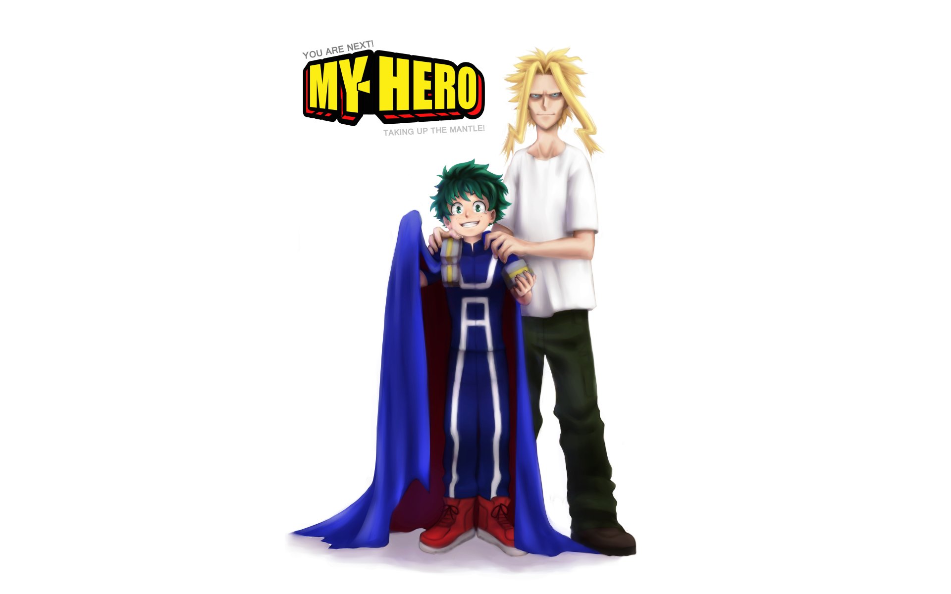 Anime My Hero Academia 8K Ultra HD PC desktop wallpaper: young Izuku Midoriya in a cape stands before All Might with the My Hero logo on a white background.