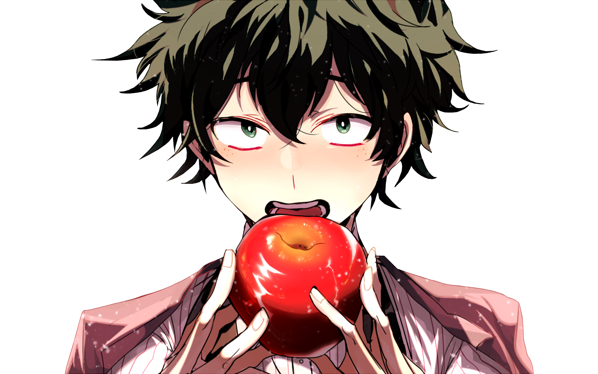Anime-style HD PC desktop wallpaper featuring a close-up of a My Hero Academia character with tousled hair holding a shiny red apple against a white background.