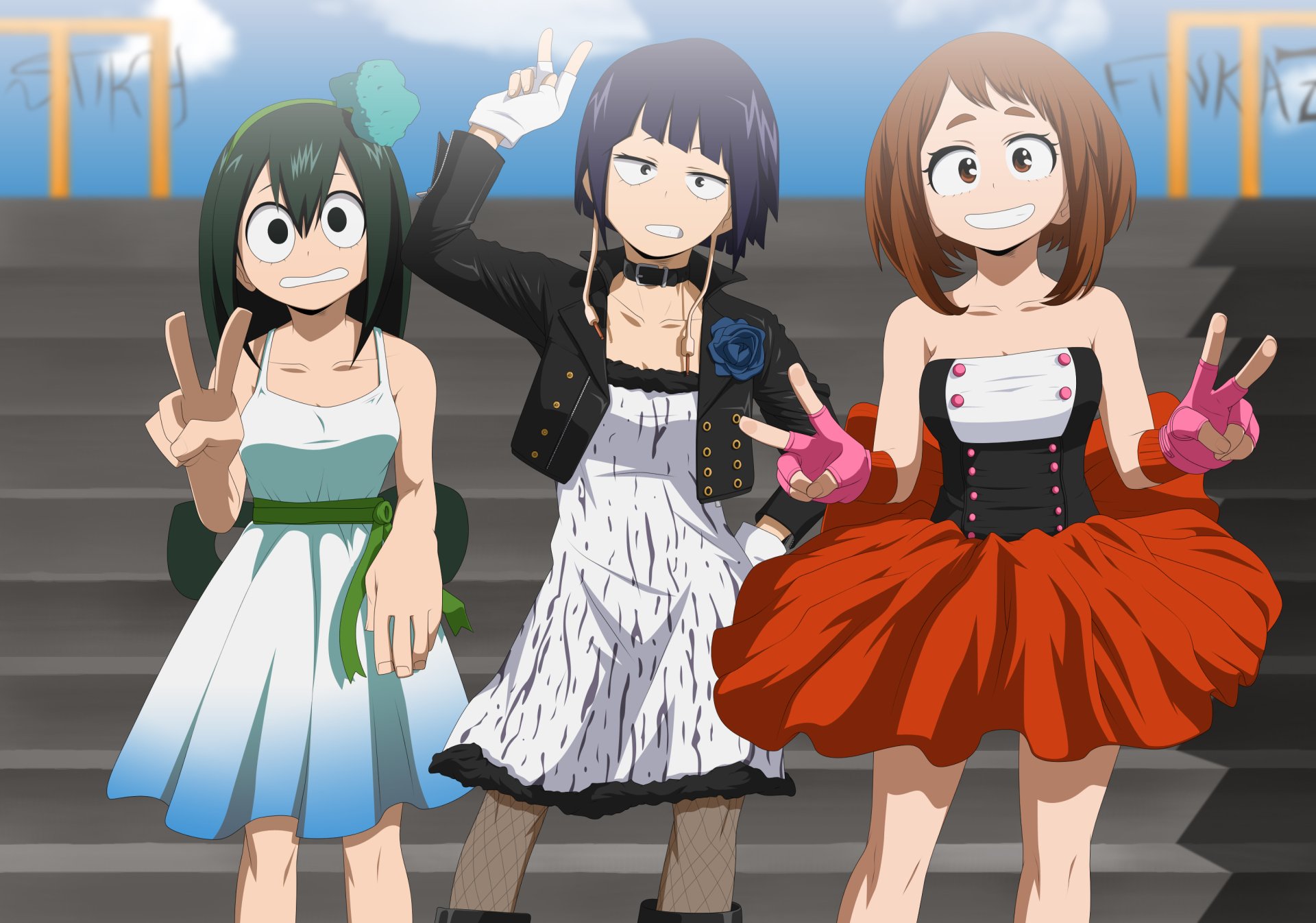 HD desktop wallpaper featuring Tsuyu Asui and Ochaco Uraraka from My Hero Academia. The anime characters are dressed in stylish outfits and displaying peace signs, smiling against a staircase background.