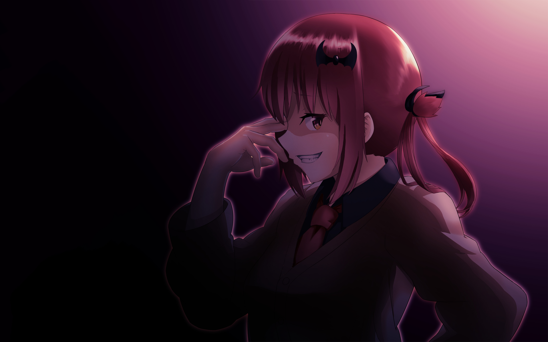 HD anime desktop wallpaper featuring Satanichia Kurumizawa McDowell from Gabriel DropOut, depicted with a mischievous smile and dark, moody lighting.