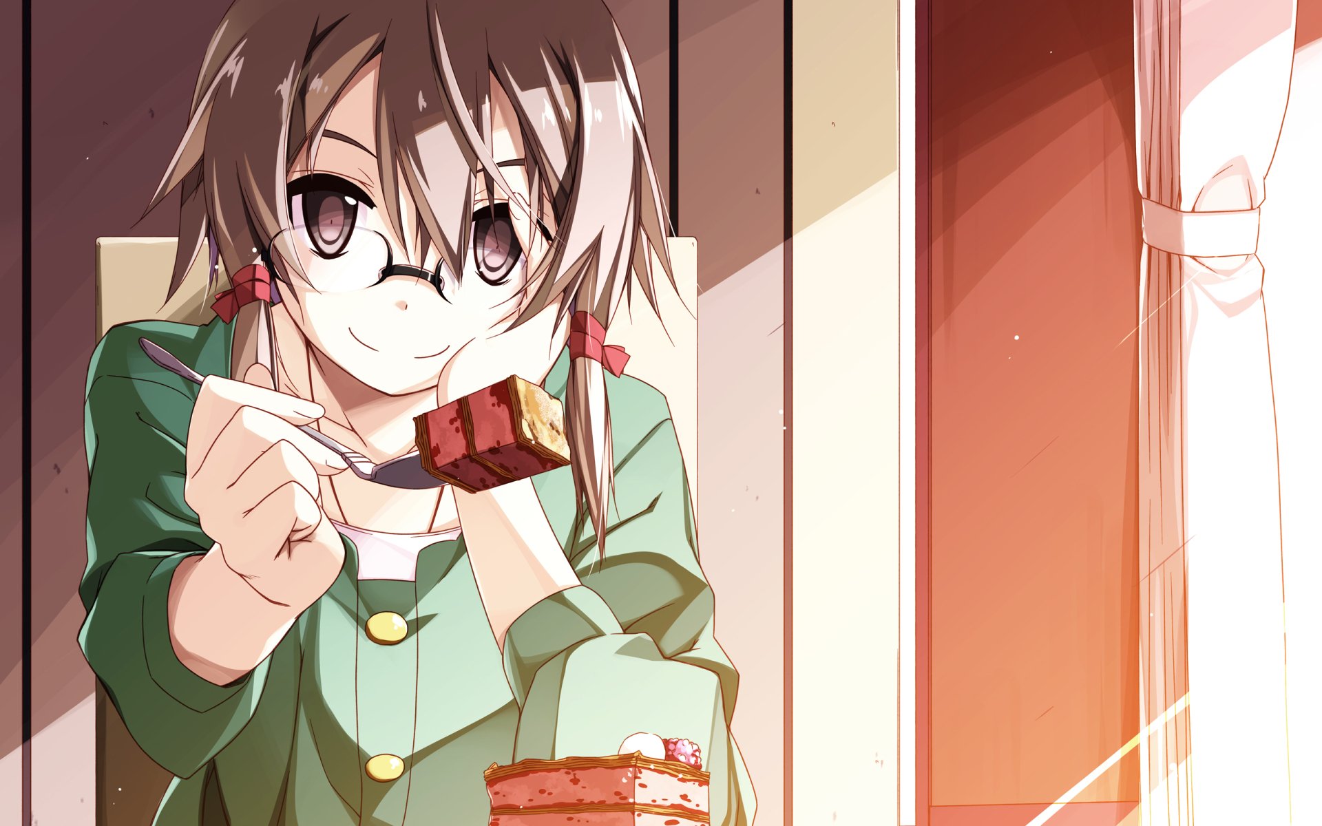 Shino Asada from Sword Art Online II enjoys dessert by a sunlit window in this HD anime desktop wallpaper.