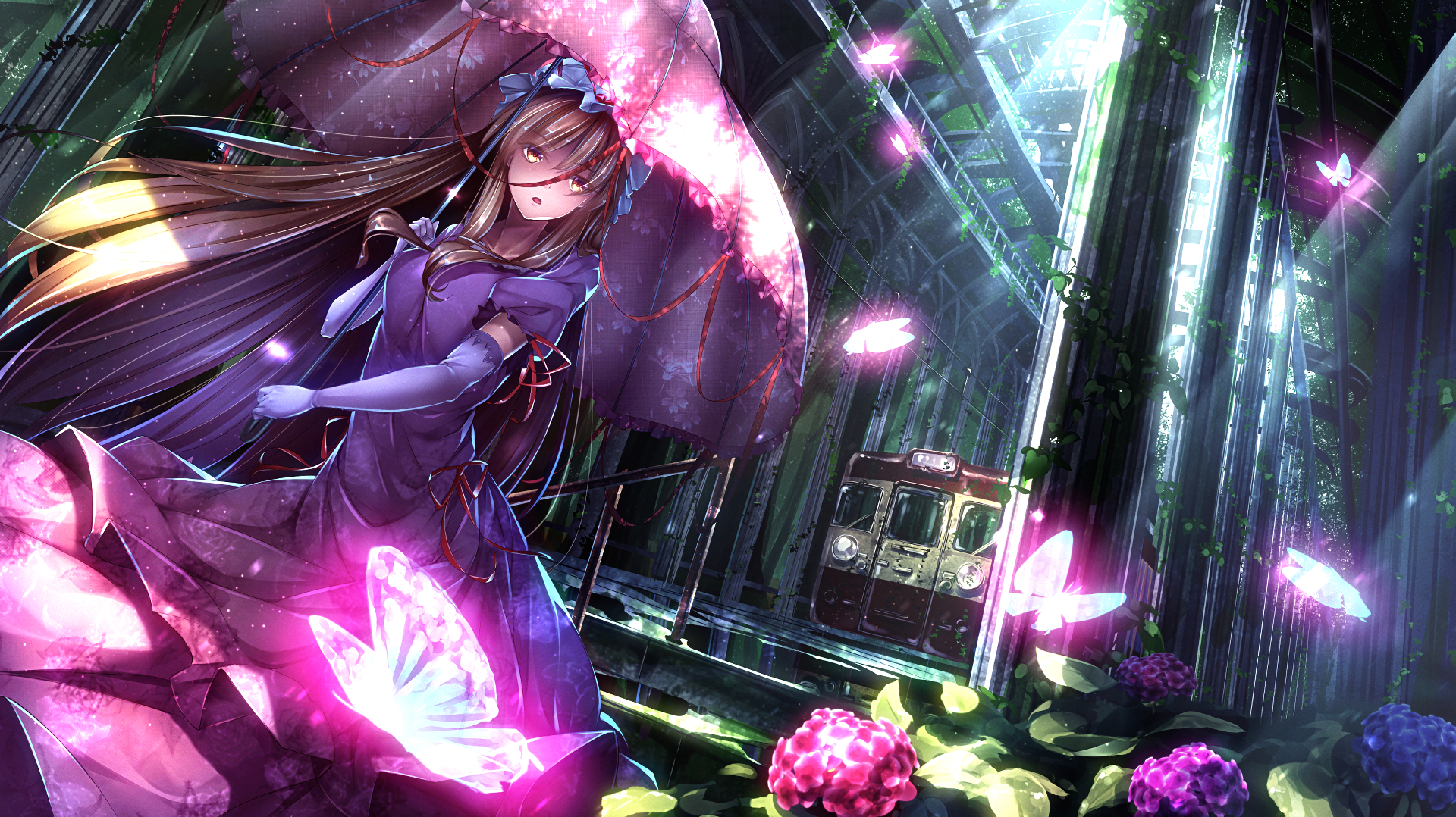 HD desktop wallpaper featuring Yukari Yakumo from Touhou, illuminated with vibrant butterflies and set against a lush, enchanting forest background with a hidden train.