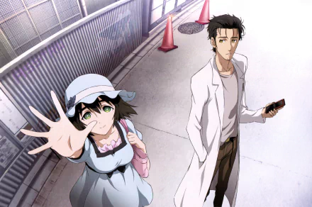 HD desktop wallpaper featuring Mayuri Shiina reaching out and Rintaro Okabe holding a phone, from the anime Steins;Gate.