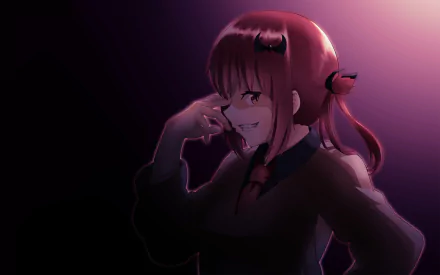 HD anime desktop wallpaper featuring Satanichia Kurumizawa McDowell from Gabriel DropOut, depicted with a mischievous smile and dark, moody lighting.