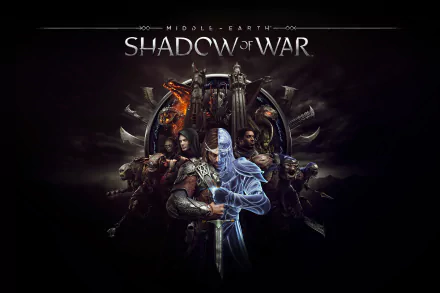HD desktop wallpaper for the video game Middle-earth: Shadow of War, featuring key characters in a dark, dramatic setting. The image prominently displays the game's title at the top.