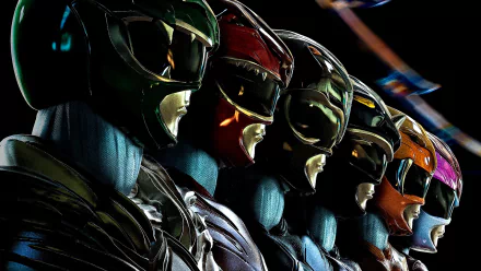 Power Rangers (2017) HD desktop wallpaper featuring the team in their iconic suits, lined up in formation.