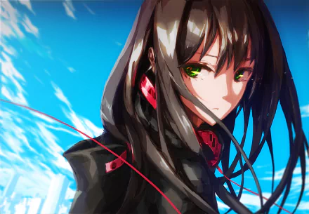 HD wallpaper featuring Rin Shibuya from the anime The iDOLM@STER Cinderella Girls, showcasing her striking green eyes and long black hair against a vibrant blue sky.