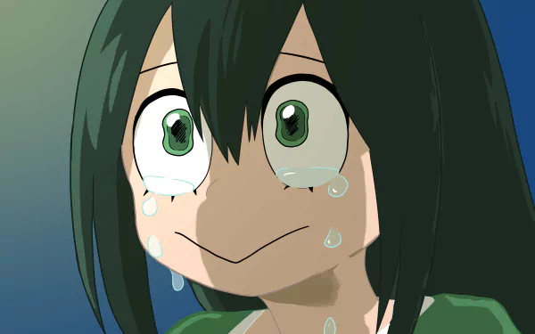 Tsuyu Asui from My Hero Academia with tears streaming down her face, depicted in a detailed 4K Ultra HD anime desktop wallpaper.