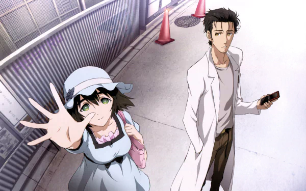 HD desktop wallpaper featuring Mayuri Shiina reaching out and Rintaro Okabe holding a phone, from the anime Steins;Gate.