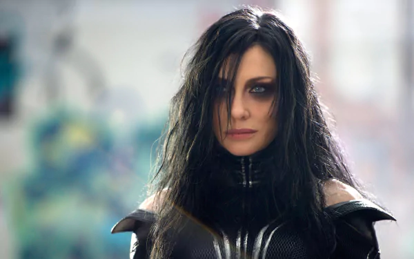 HD desktop wallpaper featuring Cate Blanchett as Hela, the powerful antagonist from the movie Thor: Ragnarok. She is wearing a dark, menacing outfit with long black hair and an intense expression.