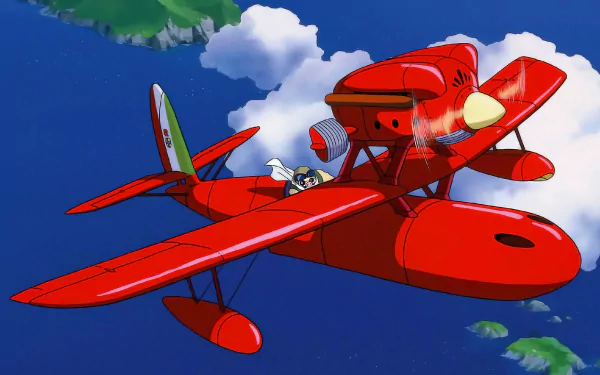 HD PC desktop wallpaper featuring Porco Rosso flying his iconic red seaplane against a bright blue sky with clouds in an anime style.