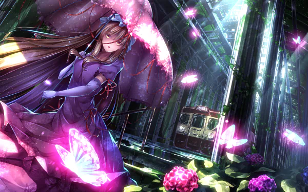 HD desktop wallpaper featuring Yukari Yakumo from Touhou, illuminated with vibrant butterflies and set against a lush, enchanting forest background with a hidden train.