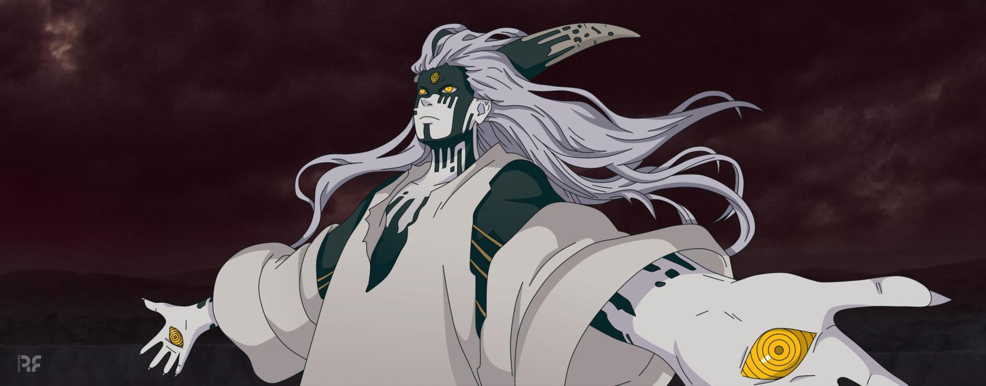 HD PC desktop wallpaper featuring Momoshiki Ōtsutsuki from the anime Boruto, showcasing his distinctive white hair and dark markings against a moody background.