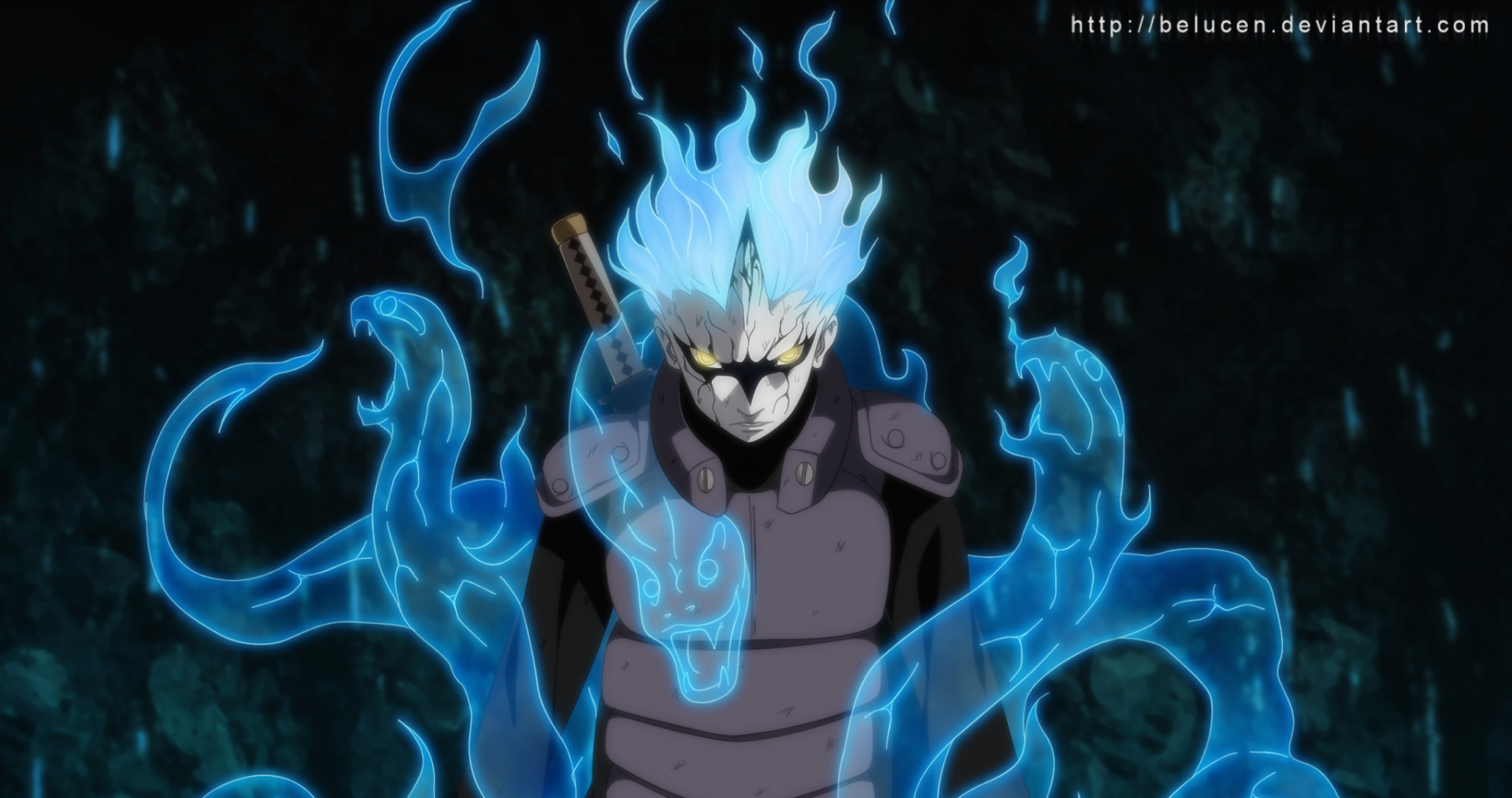 HD PC desktop wallpaper featuring Mitsuki from the Boruto anime, showcasing him surrounded by glowing blue snake-like chakra.
