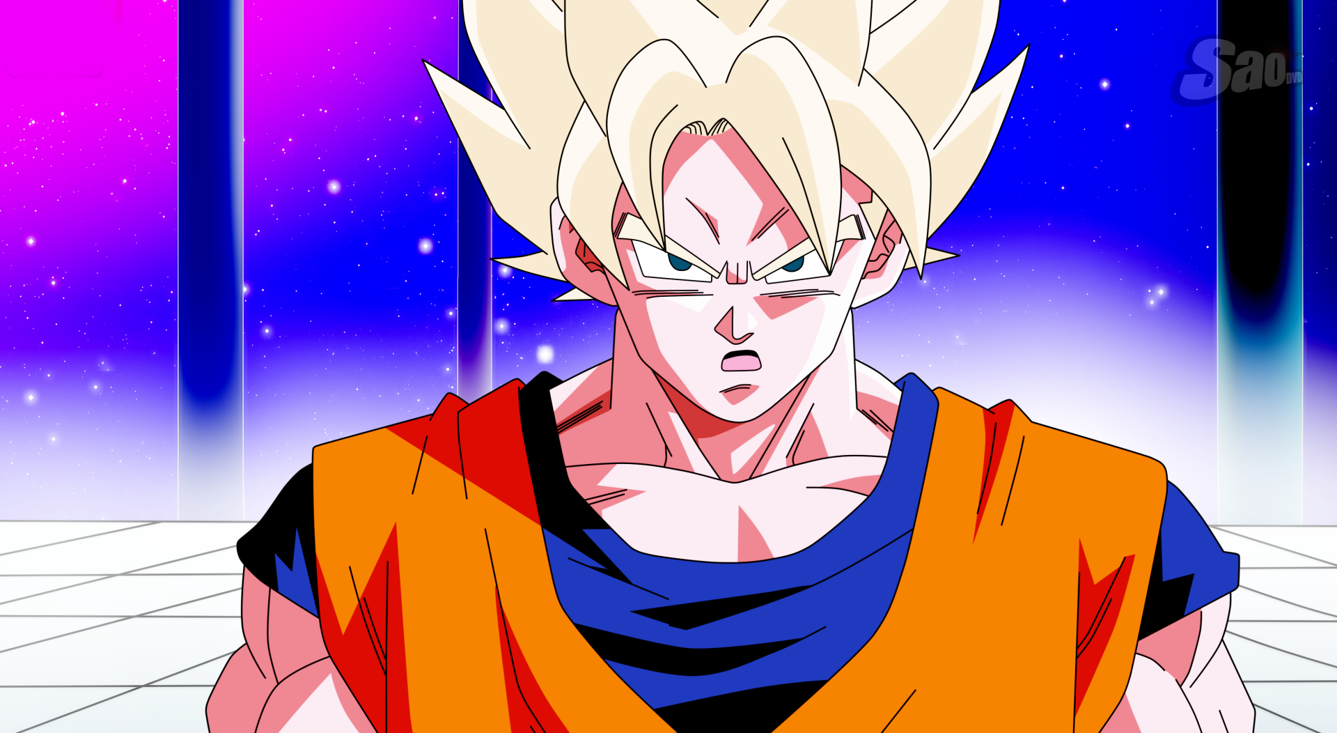 Goku from Dragon Ball Super in Super Saiyan form, featured in a vibrant 4K Ultra HD anime desktop wallpaper with a cosmic background.