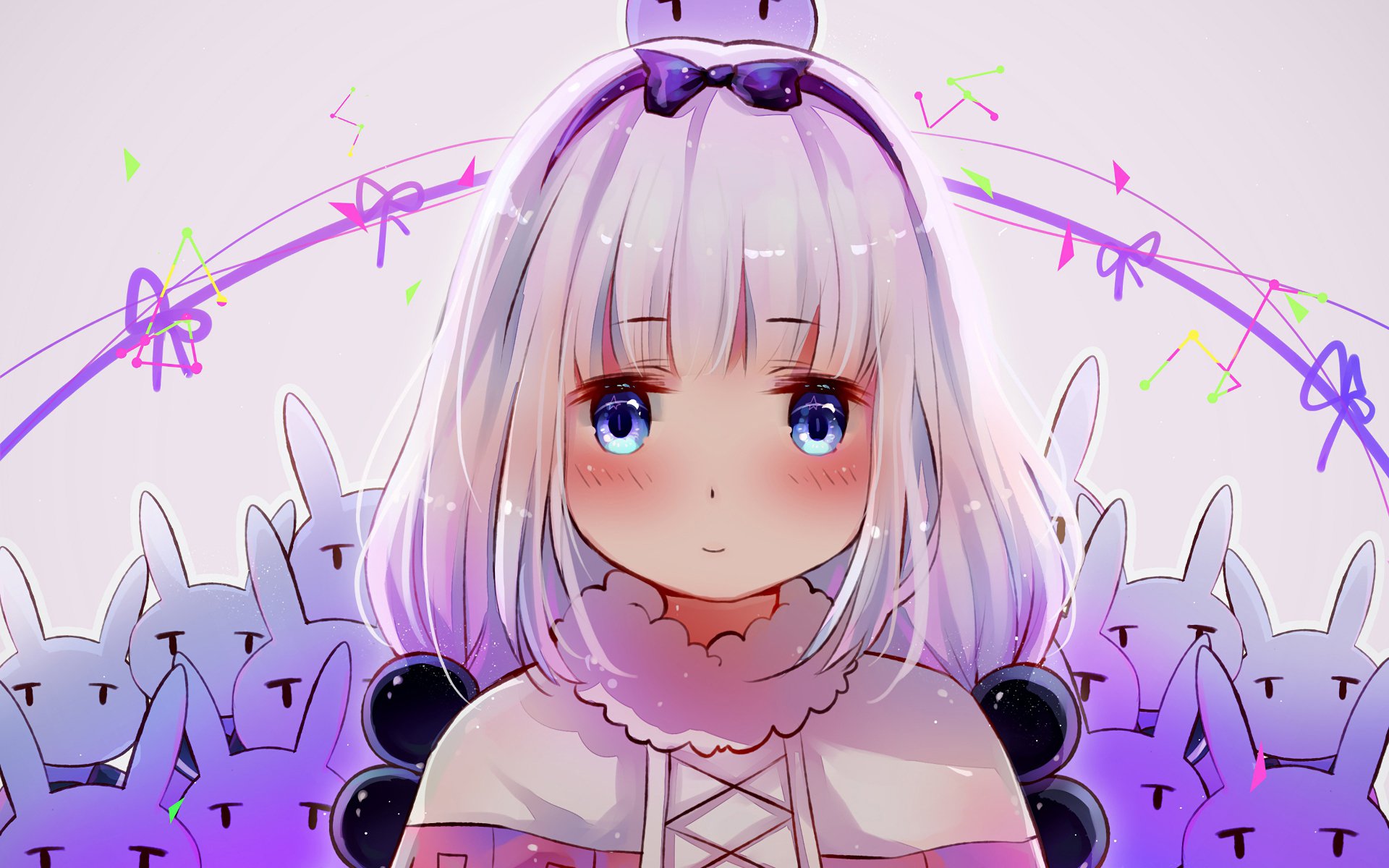 HD anime wallpaper featuring Kanna Kamui from Miss Kobayashi's Dragon Maid with her signature white hair, blue eyes, and surrounded by cute purple rabbit-like figures.