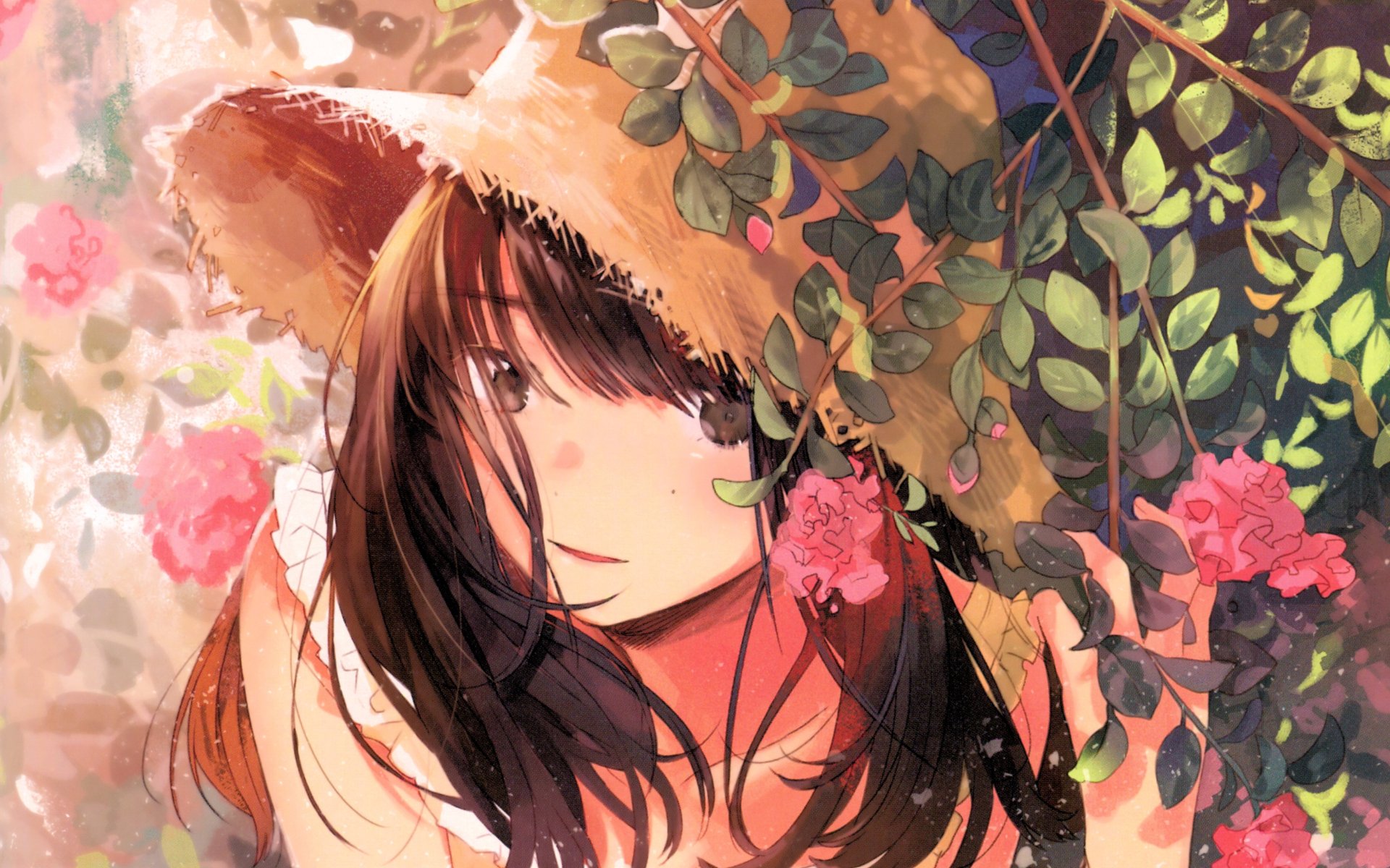 Anime girl wearing a straw hat, surrounded by lush greenery and pink flowers, in this HD original artwork desktop wallpaper.