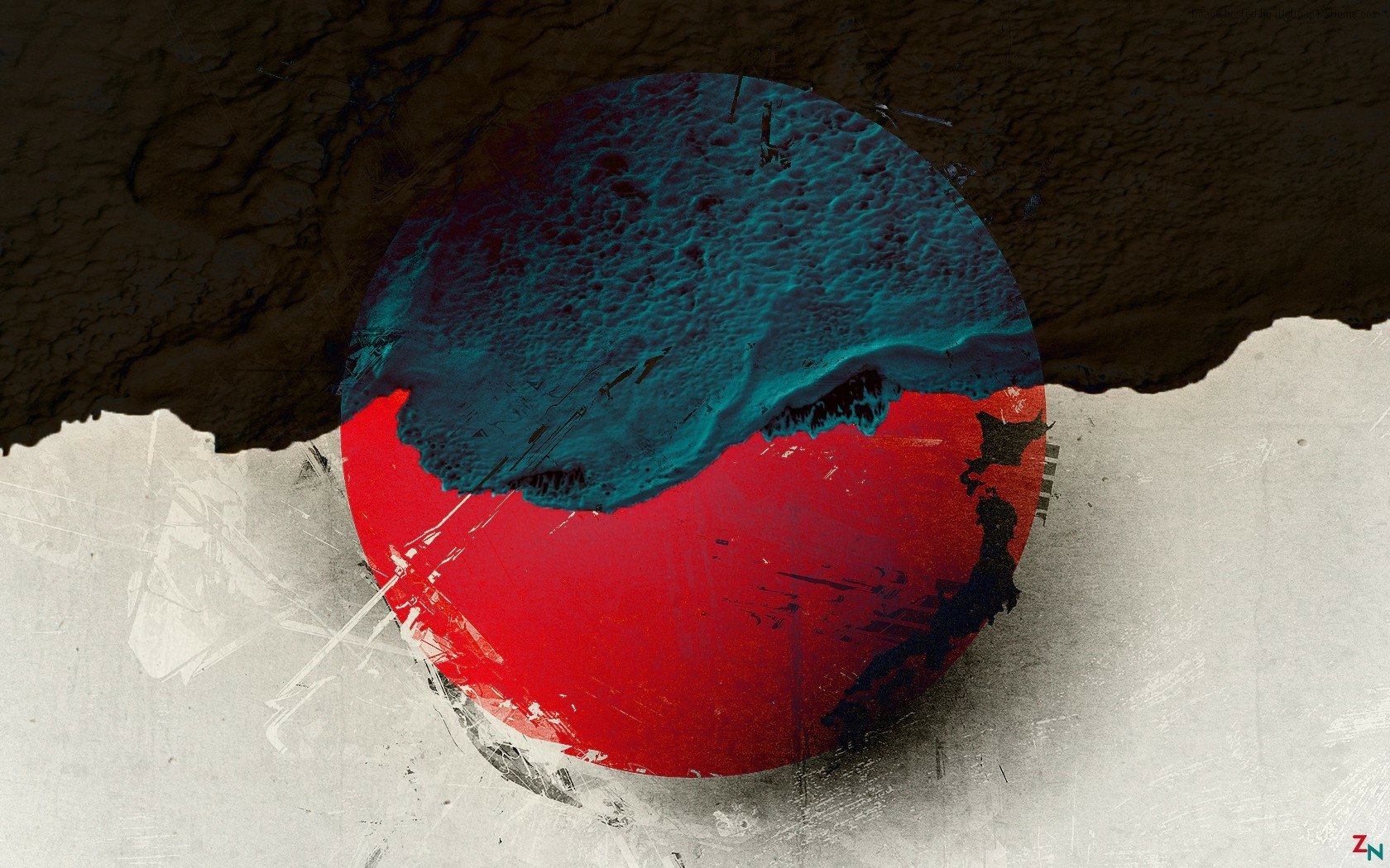HD desktop wallpaper of the Japanese flag, artistically rendered with a textured red and blue circle on a black and white background.