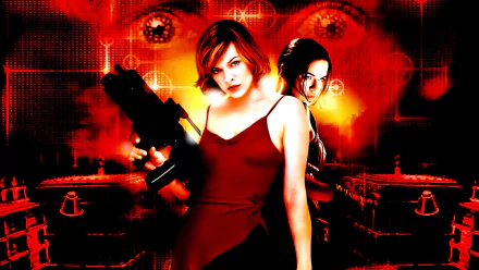HD PC desktop wallpaper featuring Michelle Rodriguez and Milla Jovovich from the movie Resident Evil, set against a fiery red background with action elements.
