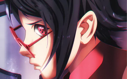 HD desktop wallpaper of Sarada Uchiha from the anime Boruto. The image features a close-up of Sarada with her distinctive glasses and Sharingan eye, showcasing detailed and vibrant artwork.