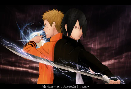 HD anime desktop wallpaper featuring Naruto Uzumaki and Sasuke Uchiha from Naruto and Boruto, posed back-to-back with dynamic lightning effects and intense expressions.