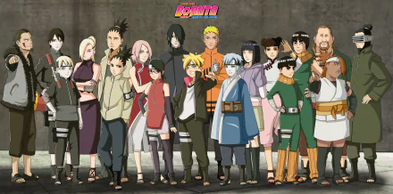 HD desktop wallpaper of Boruto anime featuring a diverse group of characters posing together against a neutral background.