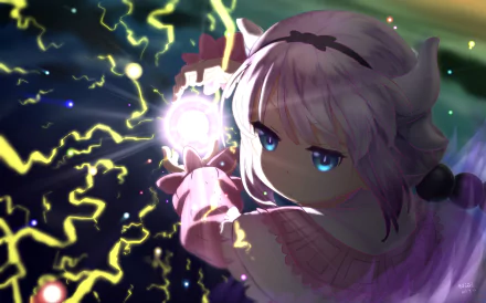 HD wallpaper featuring Kanna Kamui from Miss Kobayashi's Dragon Maid. The anime character displays a magical orb surrounded by glowing, electric sparks in an intense scene.