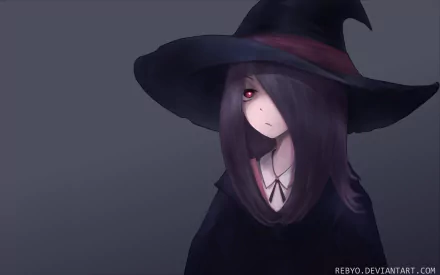 HD anime wallpaper featuring Sucy Manbavaran from Little Witch Academia, showcasing her in a witch hat and dark attire against a grey background.