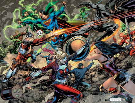 DC Comics heroes and villains, including Simon Baz, Green Lantern, Killer Croc, Cyborg, Aquaman, Harley Quinn, Wonder Woman, Flash, Superman, and Batman, clash in a dynamic HD desktop wallpaper.