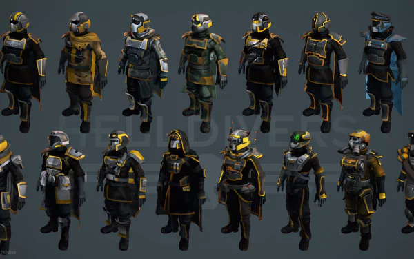 HD Helldivers game character models arranged as a desktop wallpaper background.