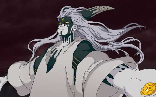 HD PC desktop wallpaper featuring Momoshiki Ōtsutsuki from the anime Boruto, showcasing his distinctive white hair and dark markings against a moody background.