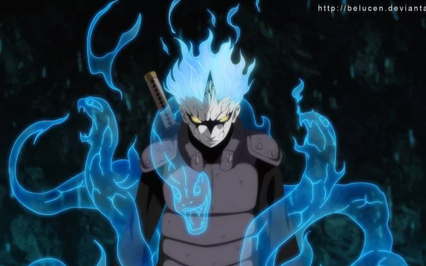 HD PC desktop wallpaper featuring Mitsuki from the Boruto anime, showcasing him surrounded by glowing blue snake-like chakra.