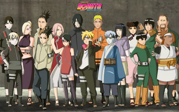 HD desktop wallpaper of Boruto anime featuring a diverse group of characters posing together against a neutral background.