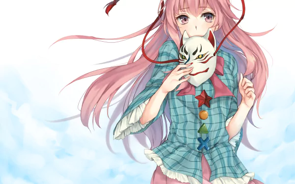 Hata no Kokoro (Touhou) anime HD PC desktop wallpaper/background: pink-haired girl holding a fox mask, standing against a soft cloudy sky.