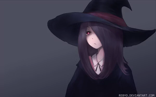 HD anime wallpaper featuring Sucy Manbavaran from Little Witch Academia, showcasing her in a witch hat and dark attire against a grey background.