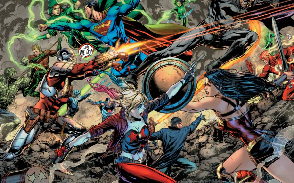 DC Comics heroes and villains, including Simon Baz, Green Lantern, Killer Croc, Cyborg, Aquaman, Harley Quinn, Wonder Woman, Flash, Superman, and Batman, clash in a dynamic HD desktop wallpaper.