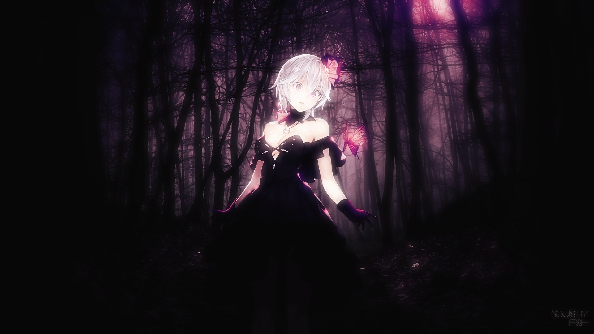Anime girl with silver hair and dark dress stands glowing in a shadowy forest, designed as an HD PC desktop wallpaper and background.