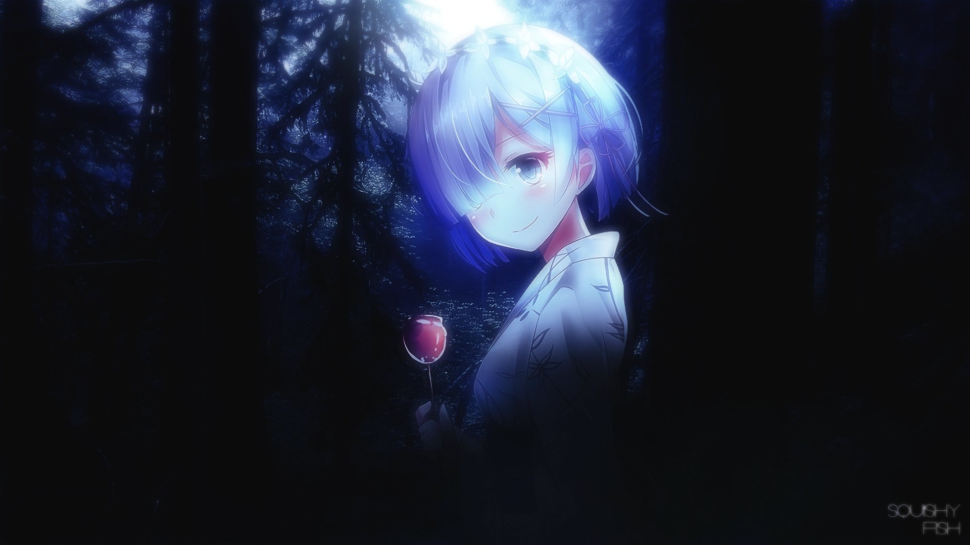 HD PC desktop wallpaper featuring Rem from the anime Re:Zero – Starting Life in Another World, standing in a dark forest holding a glowing red rose.