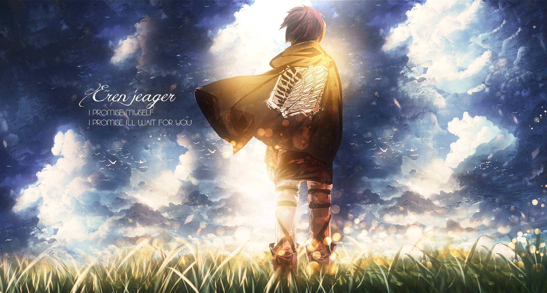 HD wallpaper featuring Eren Yeager from Attack on Titan, standing in a field with a dramatic sky in the background. Text on the image reads: Eren Yeager, I promise I’ll wait for you.