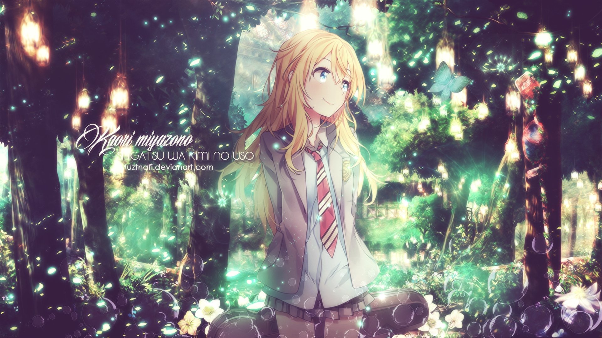 HD anime desktop wallpaper featuring Kaori Miyazono from Your Lie in April, surrounded by glowing lights and a serene forest background.