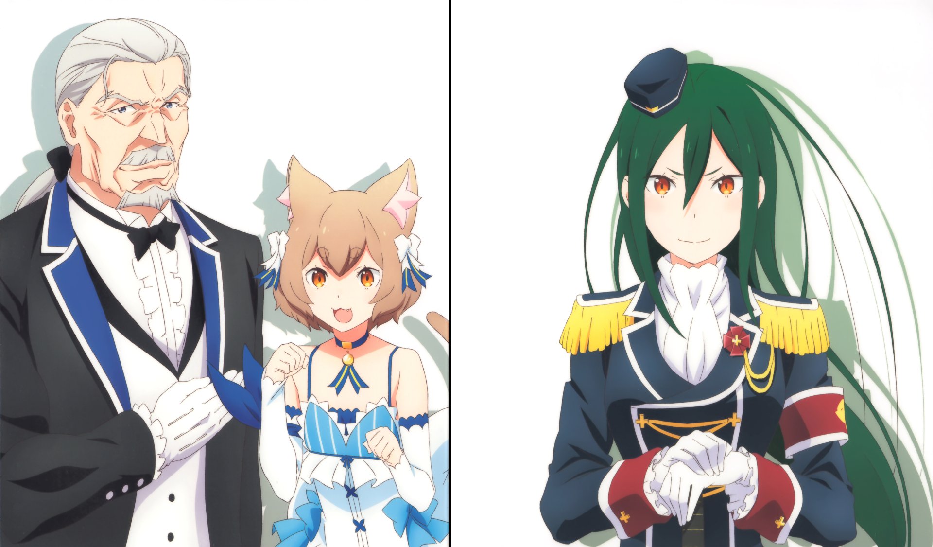 5K Ultra HD PC wallpaper: Re:Zero anime portrait of Wilhelm van Astrea and Felix Argyle at left, Crusch Karsten in military uniform at right.