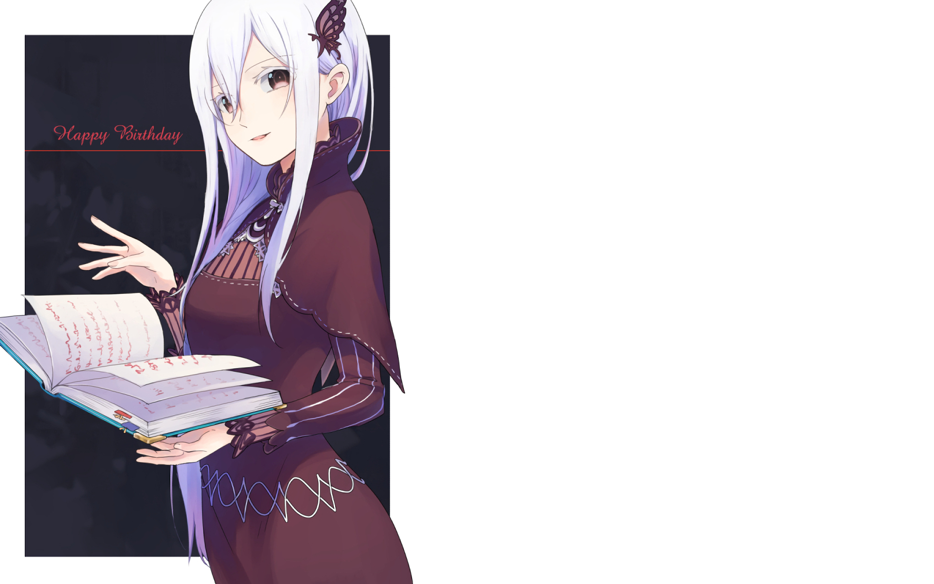 HD desktop wallpaper featuring Echidna from Re:Zero - Starting Life in Another World, holding an open book with a Happy Birthday message in the background.